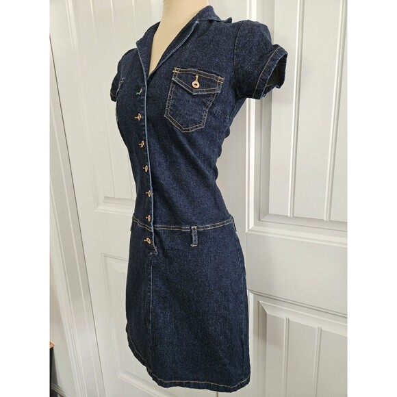 Tommy Hilfiger Vintage Y2K Denim Dress Sz M Dropped Waist Button Front Stretch - Picture 3 of 11